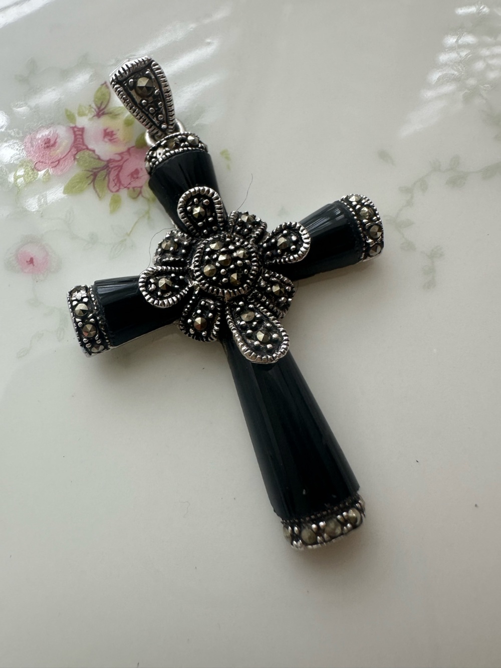 Vtg. 925 Silver Black Onyx & Marcasite Cross Pendant, 2”